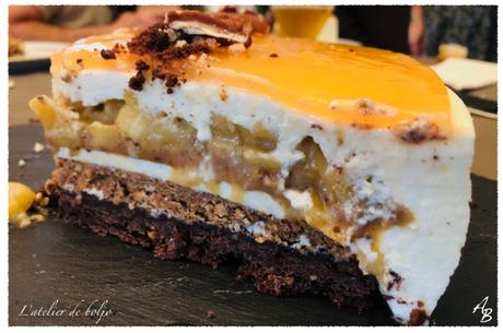 Entremet orange Cointreau, coulant et croustillant pécan, pommes caramélisées, brownie pécan, pour bûche ou cercle.