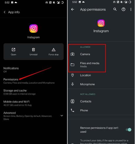 7 meilleures façons de réparer les appels Instagram qui ne fonctionnent pas sur Android autorisation de l'application instagram