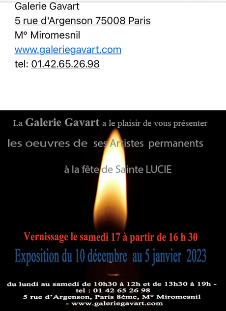 Galerie Gavart « La Sainte Lucie » 10 Décembre au 5 Janvier 2023.