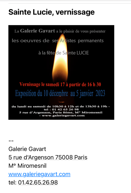 Galerie Gavart « La Sainte Lucie » 10 Décembre au 5 Janvier 2023.