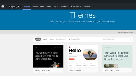 Capture d'écran de la page d'accueil des thèmes WordPress