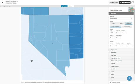 Capture d'écran de la carte de projection s'épanouir montrant uniquement le Nevada