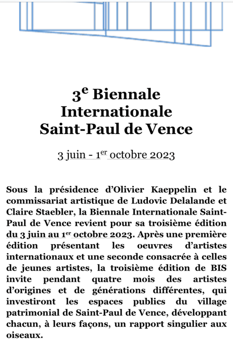3me édition de la Biennale Internationale Saint-Paul de Vence -du 3 juin au 1er Octobre 2023.