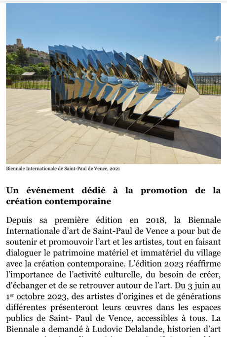 3me édition de la Biennale Internationale Saint-Paul de Vence -du 3 juin au 1er Octobre 2023.