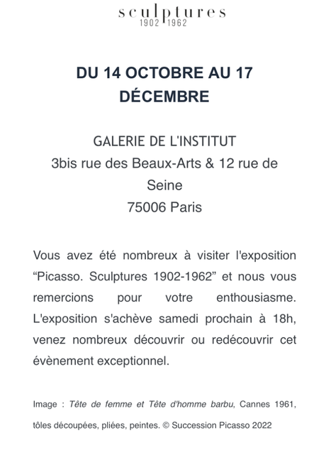 Galerie de l’institut – « Picasso sculptures » fin de l’exposition le 17 Décembre 2022.