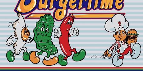 Peter Pepper fuyant un œuf, un cornichon et un hot-dog sur le logo de l'armoire d'arcade
