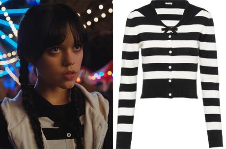 WEDNESDAY : Wednesday’s black and white striped cardigan in S1E01