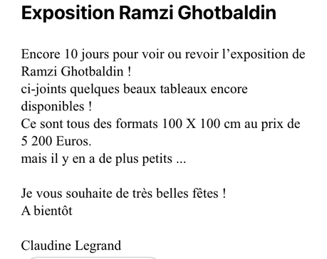 Galerie Claudine Legrand  – exposition Ramzi Ghotbaldin – encore 10 jours…..