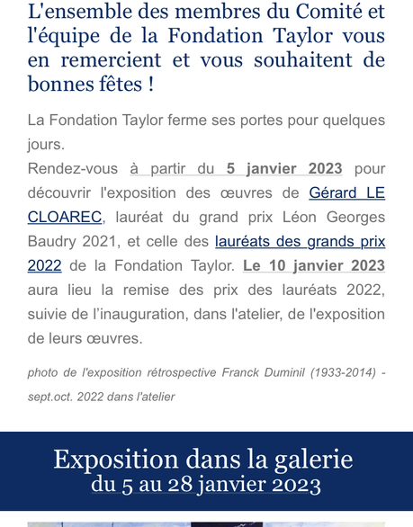 Fondation Taylor – le tout début de l’année prochaine :