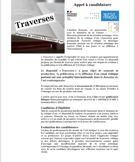 La Critique d’Art – « Traverses » Appel à candidatures »