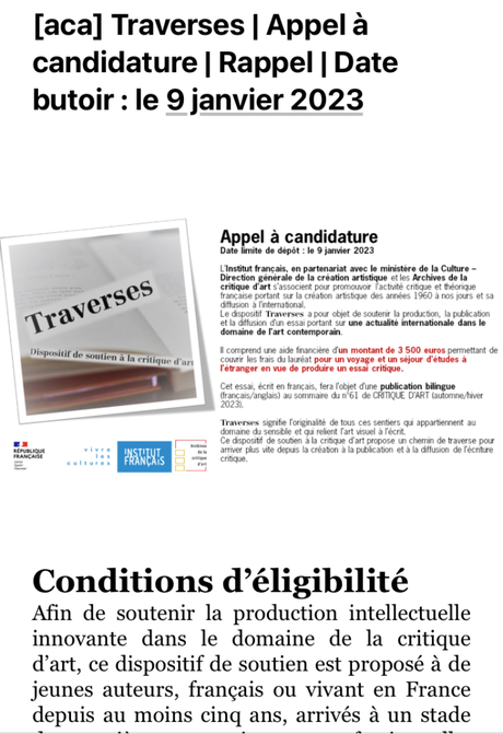 La Critique d’Art – « Traverses » Appel à candidatures »