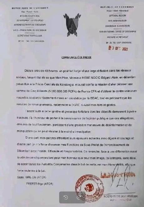 Cameroun- Mebe Ngo’o a-t-il essayé de changer 05 milliards en nouveaux billets depuis la prison ? : Voici la réponse de son fils