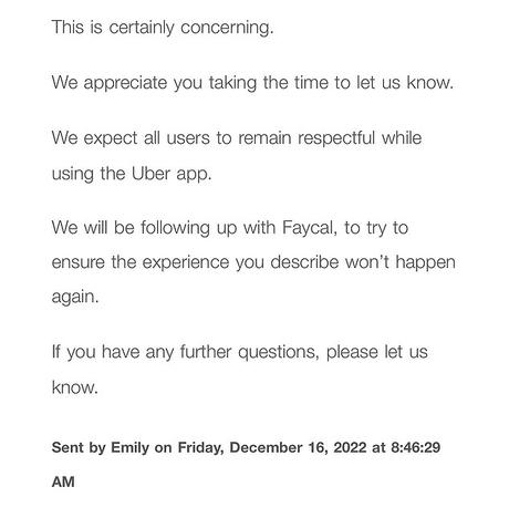 Le passager a reçu cette réponse d'Uber après avoir déposé une plainte