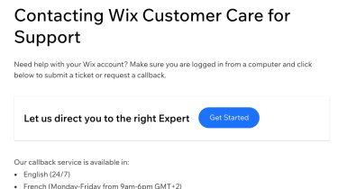 Page Web d'assistance client de Wix