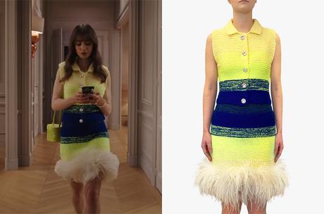 EMILY IN PARIS : Emily’s Handmade knit sleeveless jacket and  skirt with feather trim in S3E02