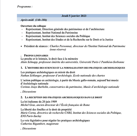 I N H A – colloque :  les 5/6 Janvier 2023. « 100 ans de droit de l’archéologie »