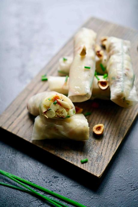 rouleaux de printemps pour les fêtes , frais et légers , acidulées , aux pommes apéritif , entrée légère , pommes , magret de canard , fromage de brebis ,
