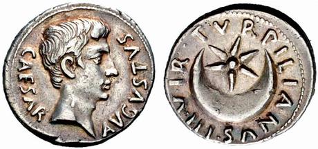 EtoileDansCroissant AR Denarius Augustus Rome19 BC. P. Petronius Turpilianus RIC 300