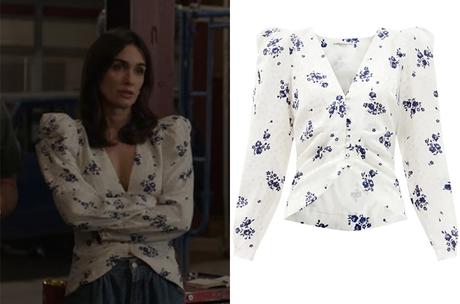 KALEIDOSCOPE : Ava’s Rose-Printed Silk Collarless Jacket in the blue episode