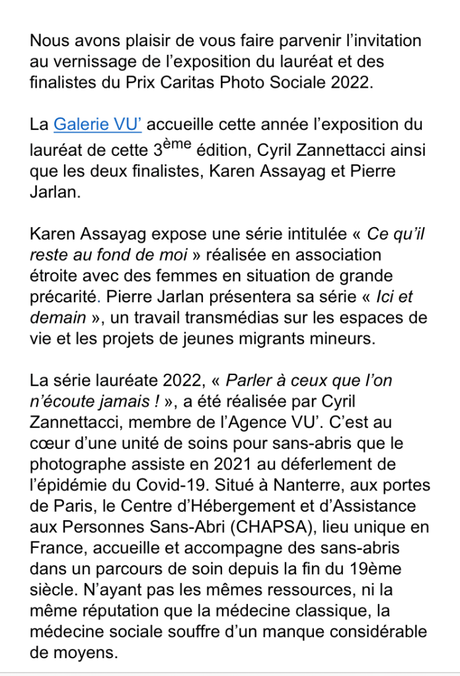 Prix Caritas / Galerie VU. le 12 Janvier 2023.( Prix Photo Sociale) 13/28 Janvier 2023.