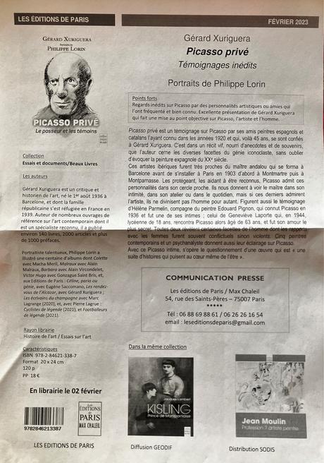 Un livre prochain : « Picasso Privé » de Gérard Xuriguera.(sortie Février 2023) Les éditions de Paris.