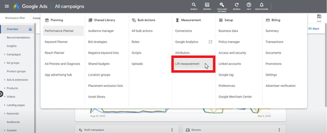 La première étape de la création d'une étude d'impact sur les conversions dans Google Ads.