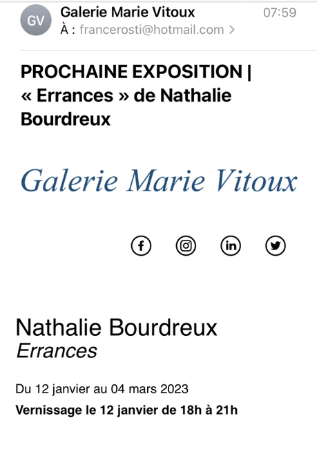 Galerie Marie Vitoux  exposition Nathalie Bourdreux « Errances » 12 anvier au 04 Mars 2023.