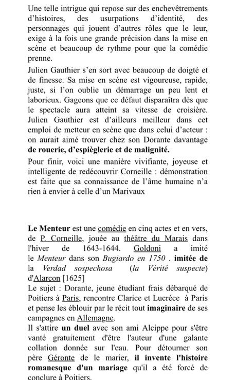 Regard vers le théâtre de Pierre-Marc Levergeois. « Le menteur de Pierre Corneille » Théâtre de Poche. jusqu’au 28 Février 2023.