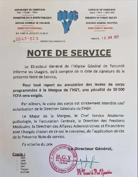 Cameroun- Hôpital général de Yaoundé : Le directeur général fixe les pénalités de report de levée de corps à 50 mille francs CFA