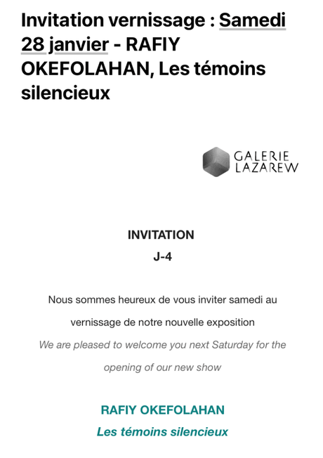 Galerie Lazarew –  exposition RAFIY OKEFOLAHAN « Les témoins silencieux » à partir du 28 Janvier 2023.