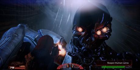 Le boss Human Reaper avec ses yeux de point faible dans Mass Effect 2