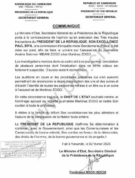 Cameroun – Assassinat de Martinez Zogo : La présidence de la République annonce la mise aux arrêts des 1ers suspects