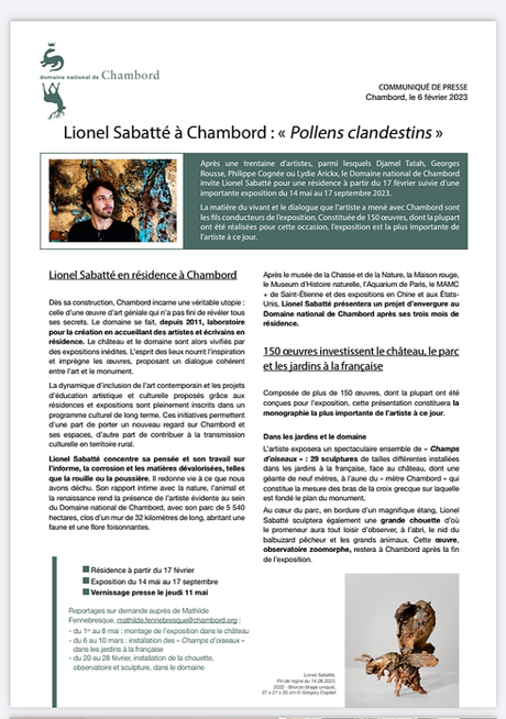 Domaine de Chambord « Lionel Sabatté – Pollens clandestins – 14 Mai au 17 Septembre 2023.