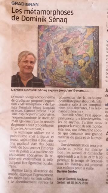 L'article de la presse régionale SUD OUEST sur mon Exposition Métamorphose(s ) au Musée Georges de Sonneville à 33170 Gradignan