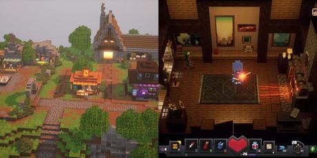 L'extérieur et l'intérieur du camp dans Minecraft Dungeons.