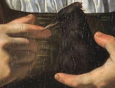 Cecco del Caravaggio 1610-20 Femme avec colombes Prado detail corneille