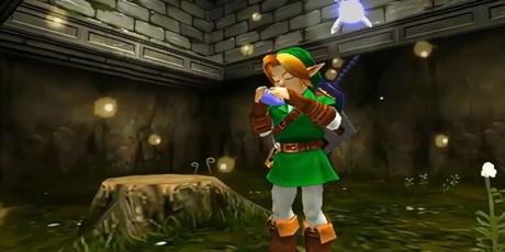 Link jouant de l'ocarina dans The Legend of Zelda Ocarina of Time 3D.