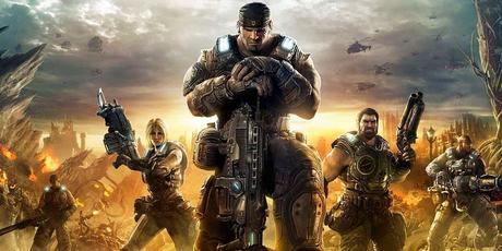 Gears of War 3 : Marcus Fenix ​​appuyé sur son lancier, debout devant ses camarades COG.