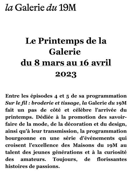 Galerie du 19M  — 8 Mars au 16 Avril 2023.