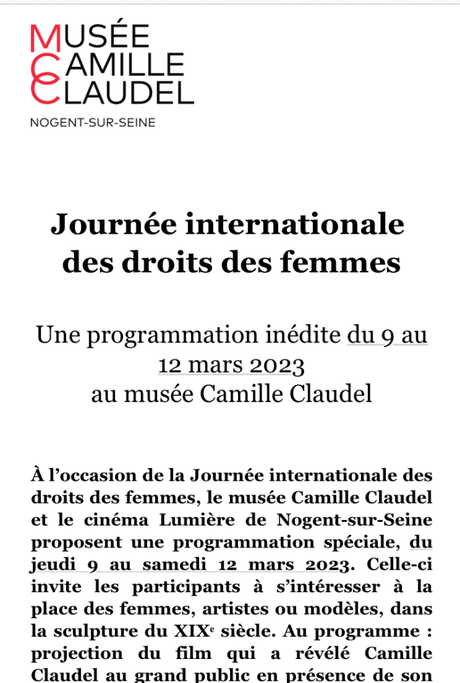 Musée Camille Claudel « Journée Internationale des droits des femmes » 9/12 Mars 2023.