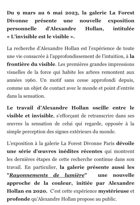 Galerie La Forest Divonne : exposition  Alexandre Hollan « L’invisible est le visible » à partir du 11 Mars 2023.