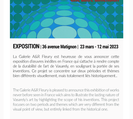 Galerie A&R Fleury  exposition VASARELY – « une autre dimension » à partir du 23 Mars 2023.