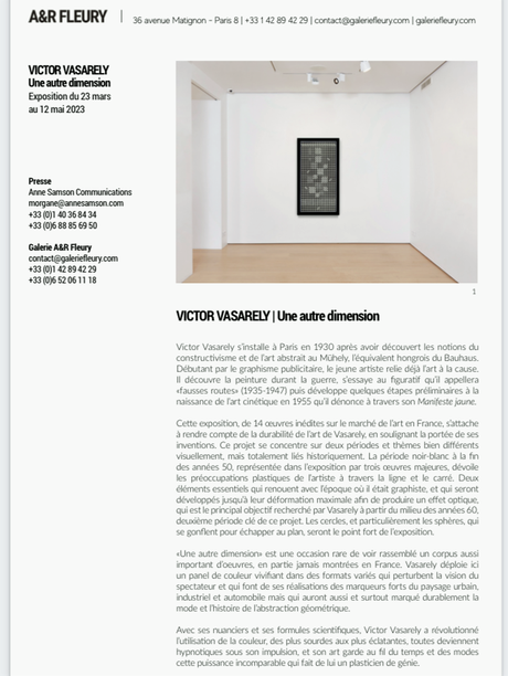 Galerie A&R Fleury  exposition VASARELY – « une autre dimension » à partir du 23 Mars 2023.