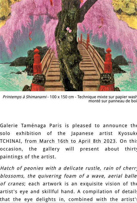 Galerie Taménaga – exposition Kyosuke Tchinai – à partir du 16 Mars 2023.