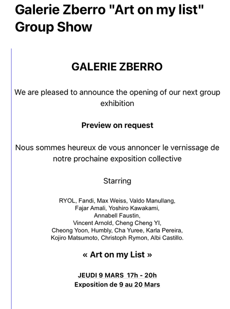 Galerie Zberro « Art on my list  » à partir du 9 Mars 2023.