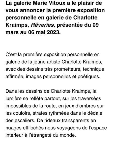 Galerie Marie Vitoux « Rêveries » de Charlotte Kraimps. à partir du 9 Mars 2023.
