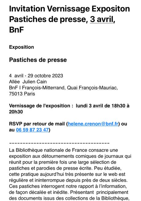 BnF   Exposition  » ¨Pastiches de presse »  »  – 3 Avril 2023 au 29 0ctobre 2023.