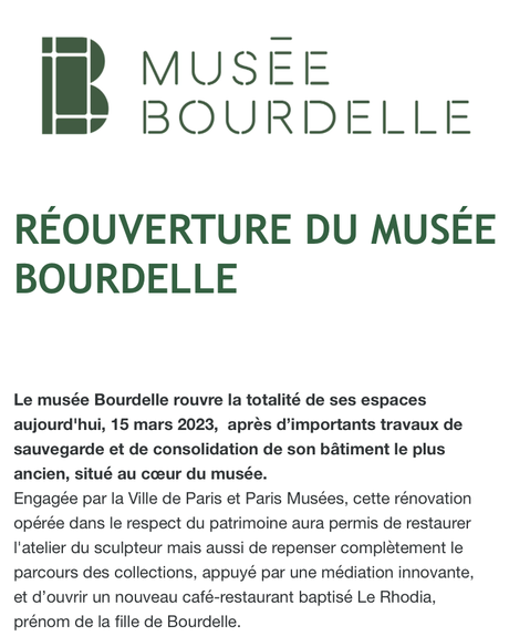 Le Musée Bourdelle – réouverture ce 15 Mars 2023.