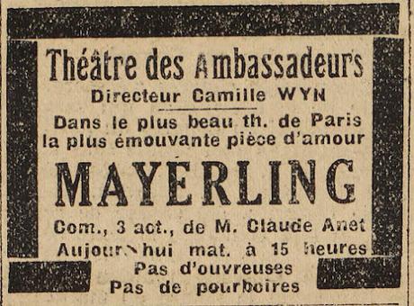 Mayerling au théâtre des Ambassadeurs en 1930 — Avec un extrait du texte de Claude Anet.