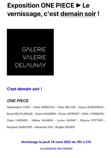 Galerie Valerie Delaunay   » ONE PIECE  » à partir du 16 Mars 2023.